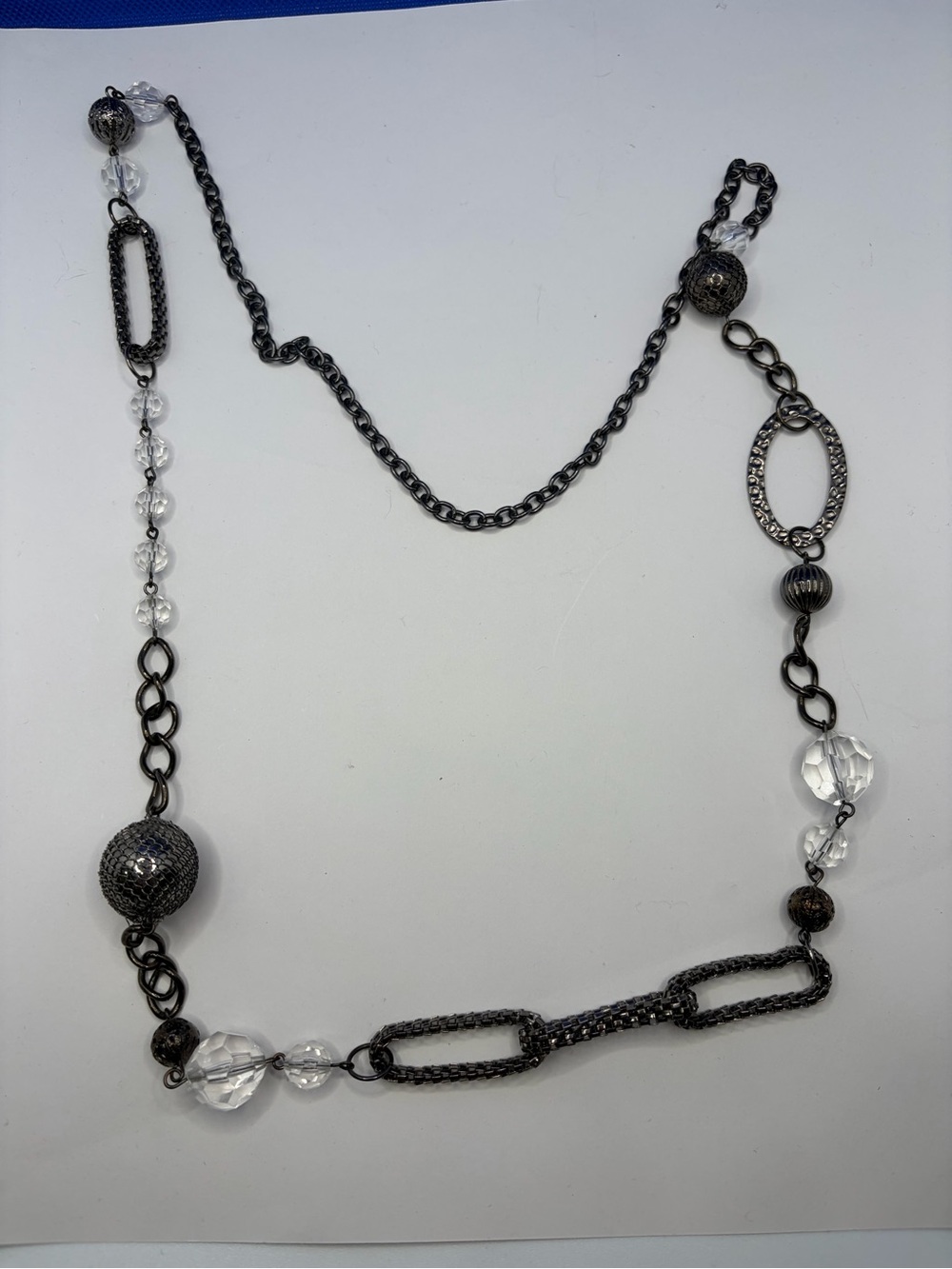 Long Mixed Chain Statement Necklace Gunmetal Clear Crystal Beaded Boho